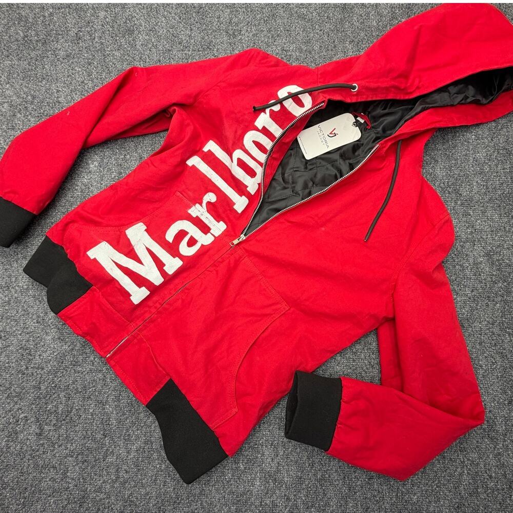 Victoria Jacket Mens M Red Marlboro Graphic Hooded Bomber Jacket NWT